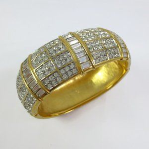 Vintage Swarovski Gold Tone Pave Crystal Rhinestone Wide Cuff Clamp Bracelet